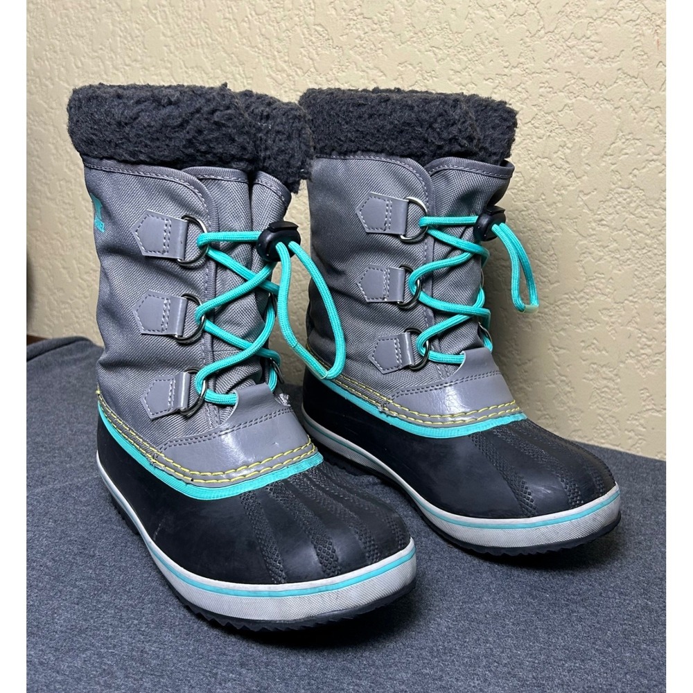Sorel Yoot Pac Nylon Snow Boots Youth 2 Waterproof Gray Teal NY1962-052